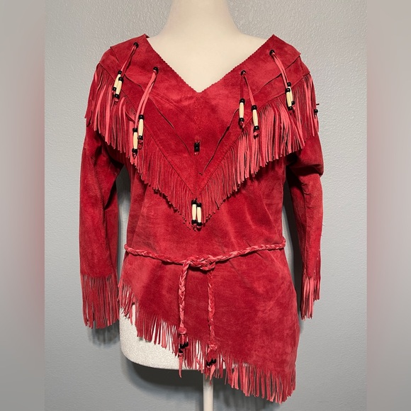 Ren Ellis Tops - Ren Ellis Red Suede Fringe Western Top Beaded Cowgirl Southwestern Small - Flaws